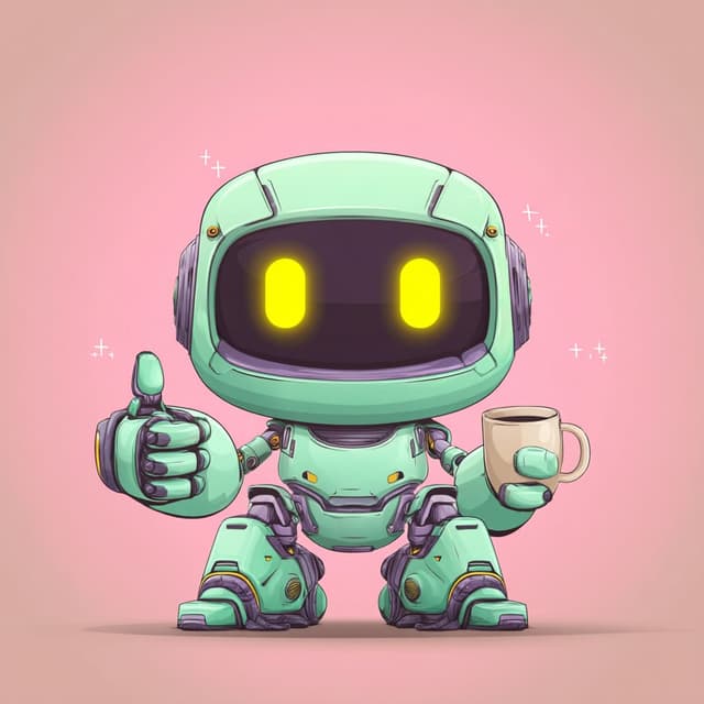 Milder.org mascot - a friendly mint-green robot with glowing yellow eyes, giving a thumbs up while holding a coffee mug
